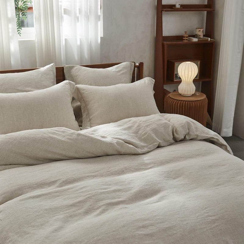 Simple&Opulence 100% Linen Duvet Cover Set with Embroidery Border Washed - 2 Pieces (1 Duvet Cover & 1 Pillow Sham) with Button Closure Soft Breathable Farmhouse - Linen, Twin Size - Image 4